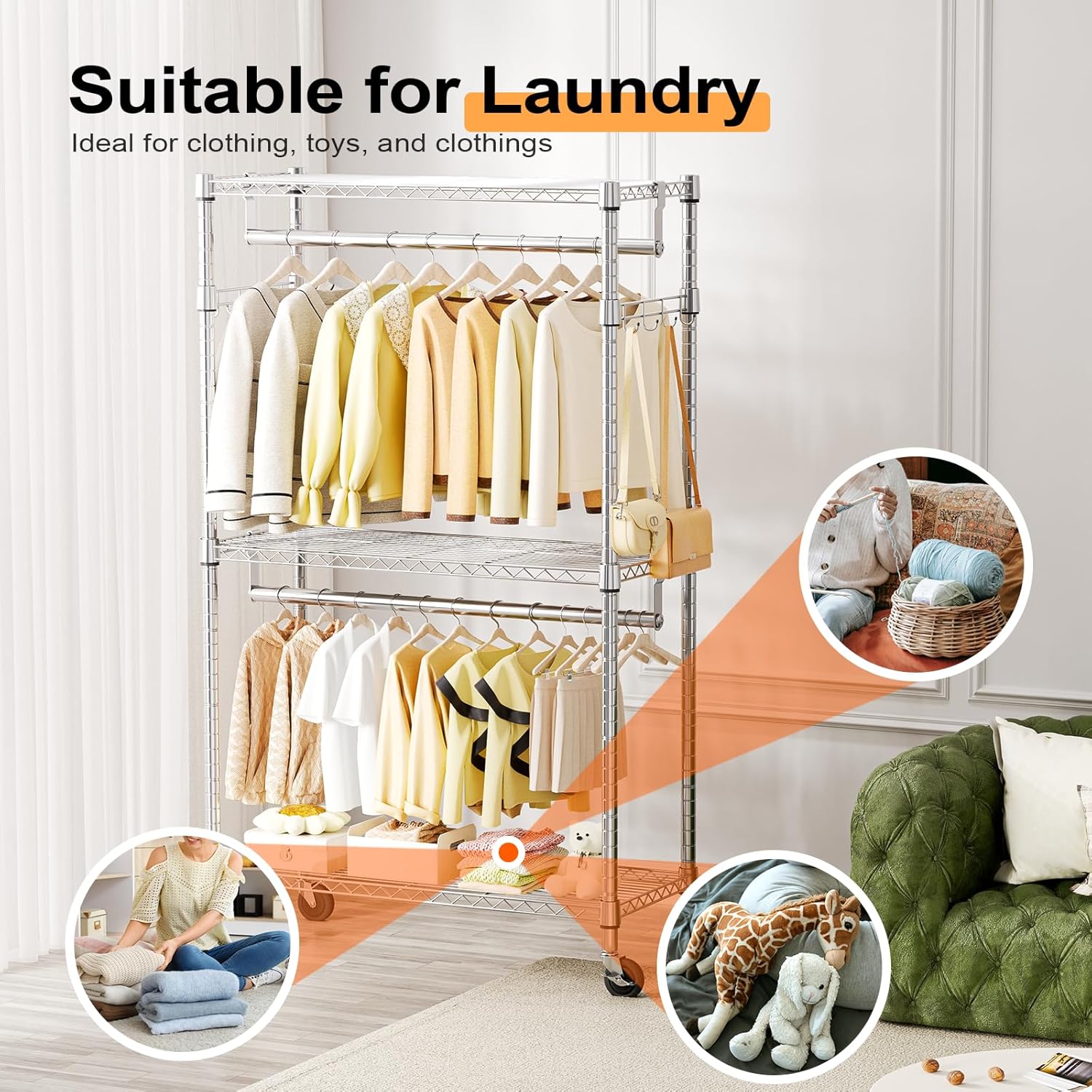 Heavy Duty Rolling Garment Rack 3 Tiers Adjustable Wire Shelving Clothes Rack with 2 Rods and Side Hooks,Storage Closet Clothing Rack with Wheels Chrome 15.7" D x 29.5" W x 74.5" H