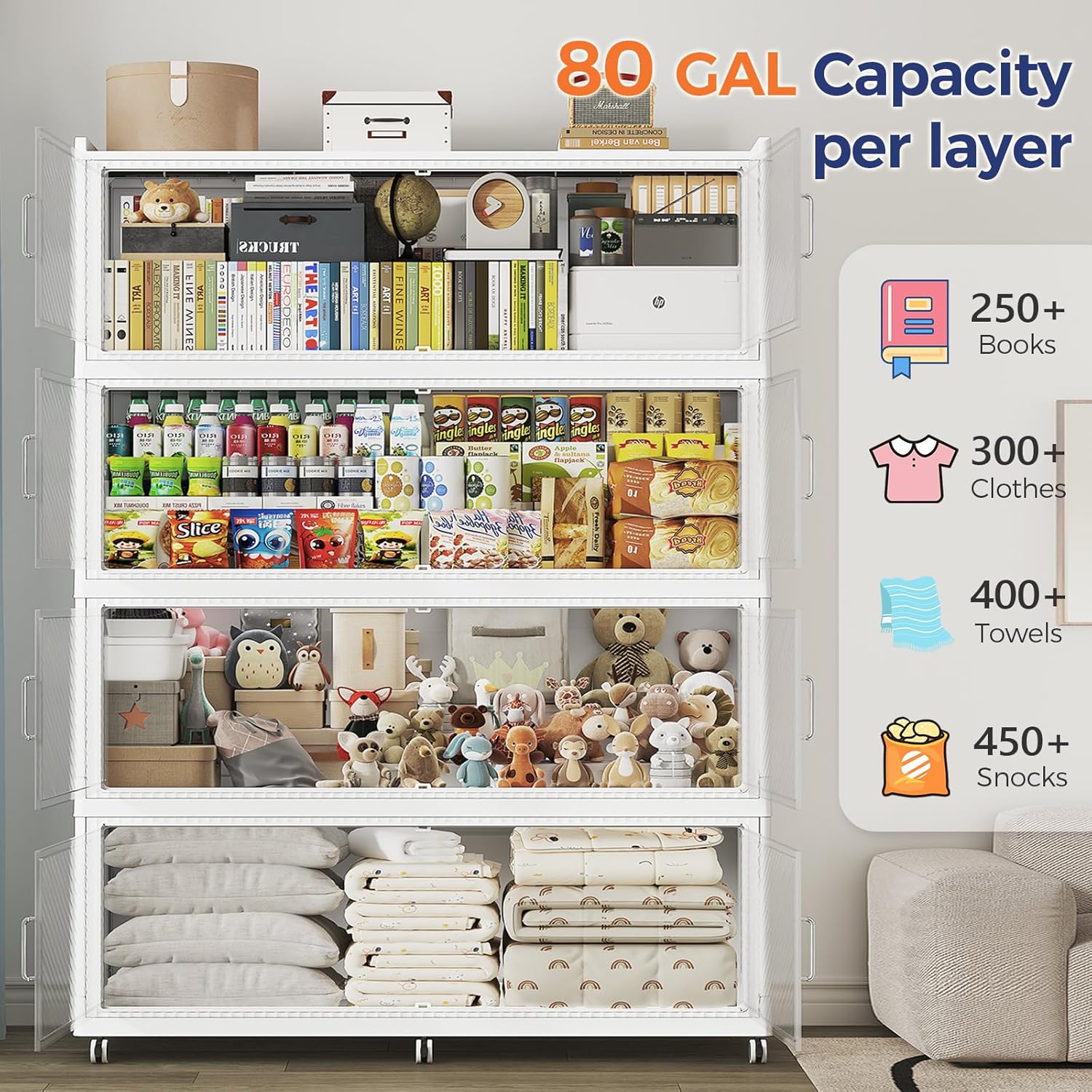 240 Gallon Extra Large Collapsible Storage Bin with Lid, 960QT Stackable Plastic Organizer with 6x Wheels, Foldable Drawer Cabinet for Closet, Living Room Office Dorm 3Pack, White