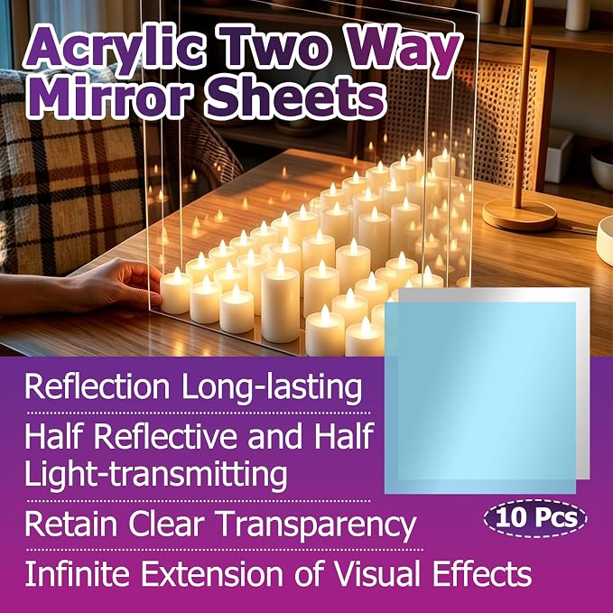 10 Pcs 12 x 12 x 0.04 Inch Acrylic Two Way Mirror Sheets | Through Mirror Glass - Image 2