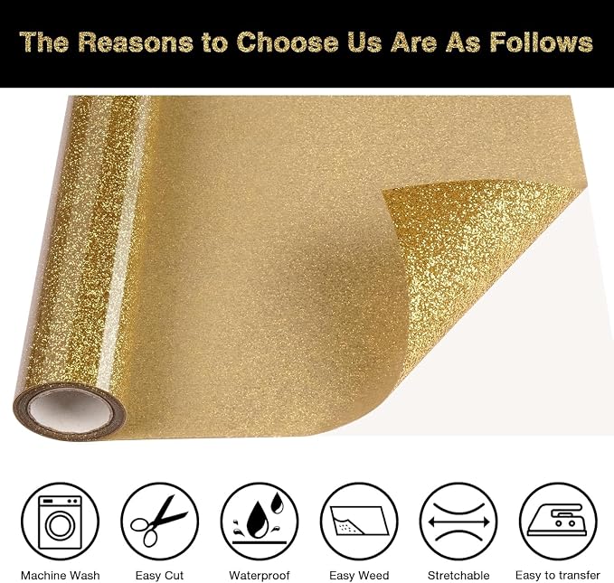 Gold Glitter HTV Heat Transfer Vinyl Roll 12inch x 10 ft - Image 3