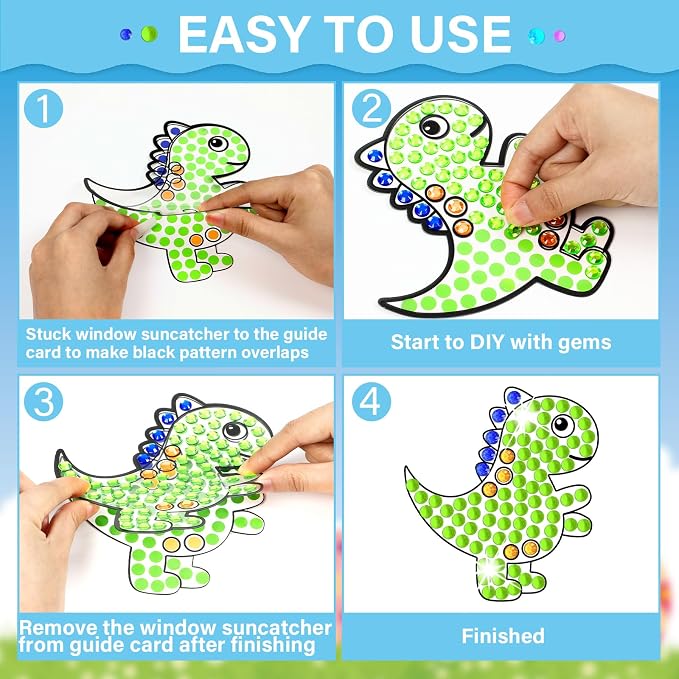 Qyeahkj 6 Pcs Dinosaur Arts Crafts DIY Dino Gem Diamond Suncatcher Crafts - Image 3