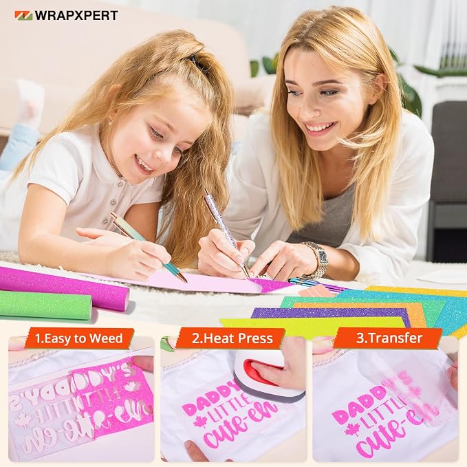 WRAPXPERT Neon Glitter HTV Heat Transfer Vinyl Bundle, 8 Packs Glitter Iron on - Image 6