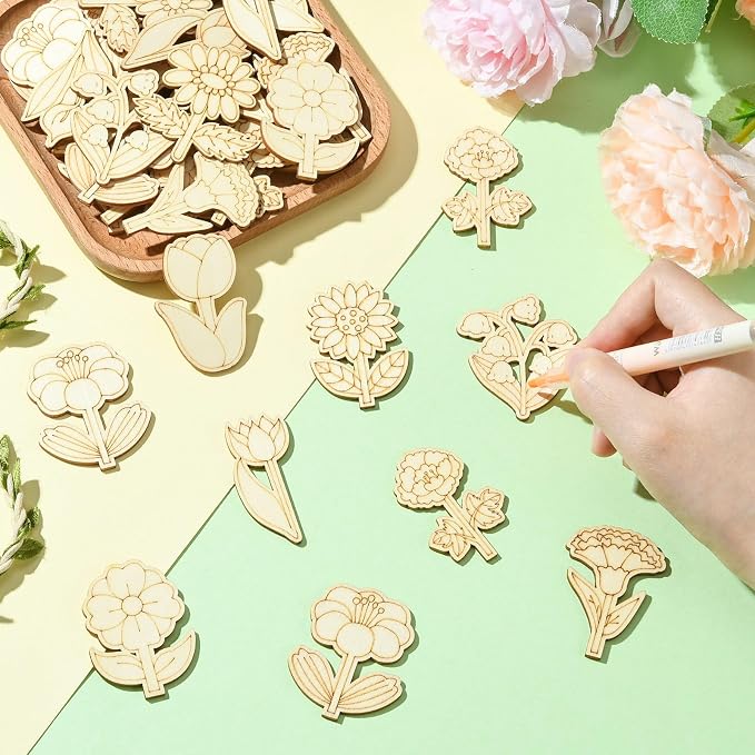 100 pcs Mixed Styles Cute Flower Theme Unfinished Wooden Cutout Charms - Image 5