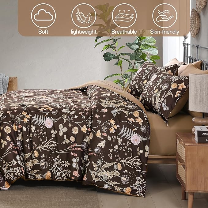 Yiran Brown Comforter Set Queen Size, 7 Piece Floral Comforter Bedding Set - Image 6