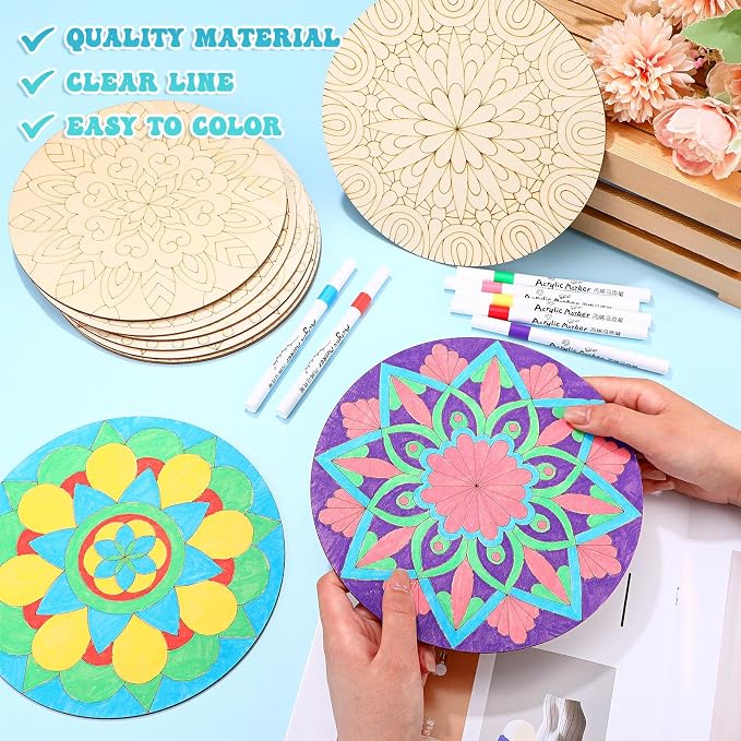 Vercraft 22 Pcs Wooden Mandala Painting Set 10 Mandala Unfinished Wood Cutouts - Image 3