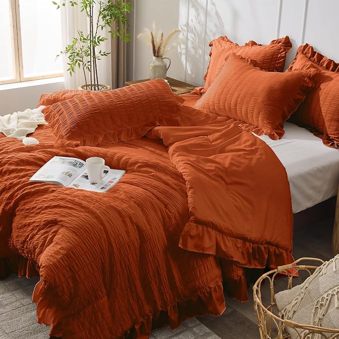 JOLLYVOGUE Burnt Orange Queen Comforter Set, 3 Pieces Seersucker Comforters - Image 8