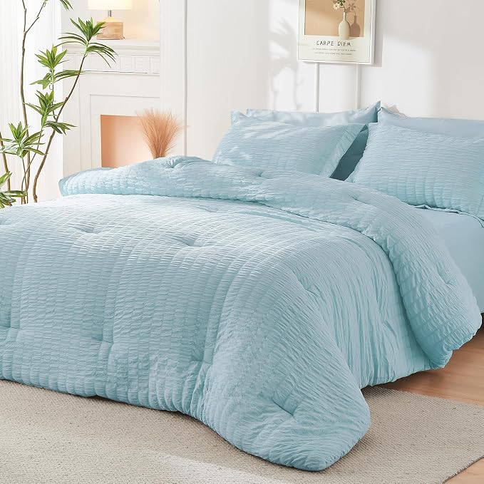 HYMOKEGE Lake Blue King Size Comforter Set Seersucker 7 Pieces, All Season - Image 8