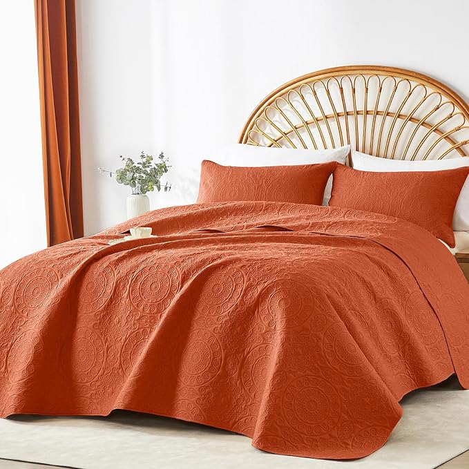 WURUIBO Burnt Orange Quilt Set Twin Size, Embossing Microfiber Bedspreads - Image 2