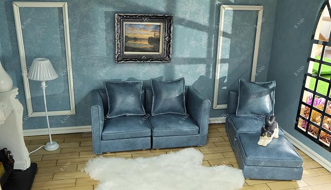 iLAND Dollhouse Furniture Sectional Dollhouse Couch Set Blue Faux Leather Sofa - Image 3