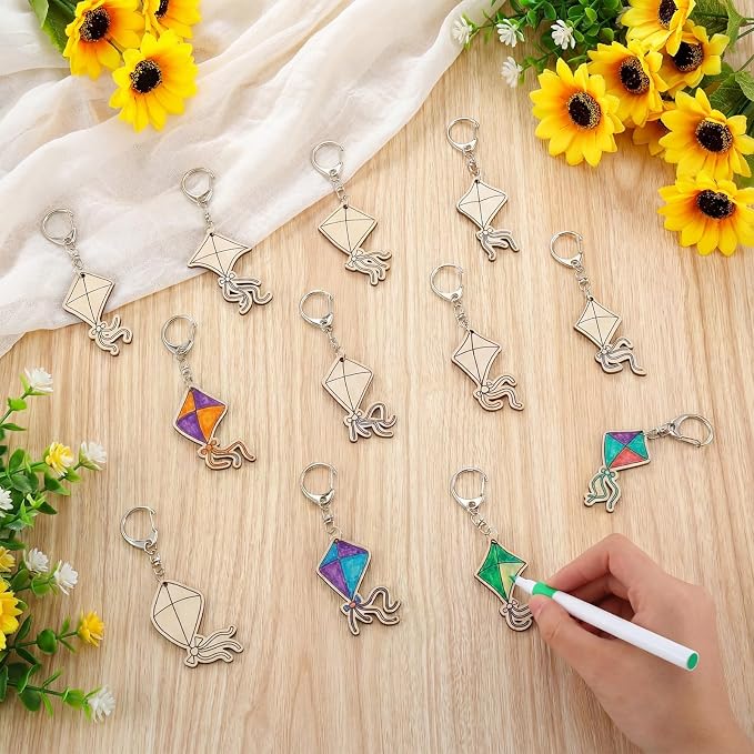 RattanView 24 Pcs Kites Crafts Color Your Own Keychains DIY Craft Wooden Blank - Image 4