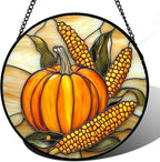 DASTOLL Stained Glass Window Hanging Autumn Harvest Pumpkin Corn Large 15" by DASTOLL