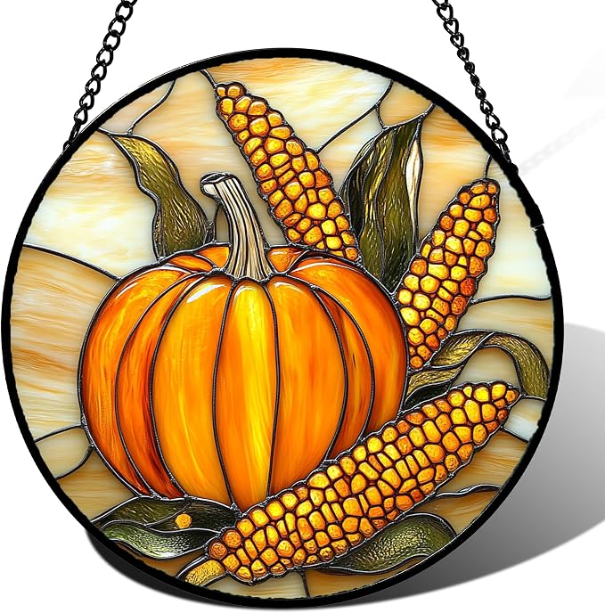 DASTOLL Stained Glass Window Hanging Autumn Harvest Pumpkin Corn 7.8" by DASTOLL