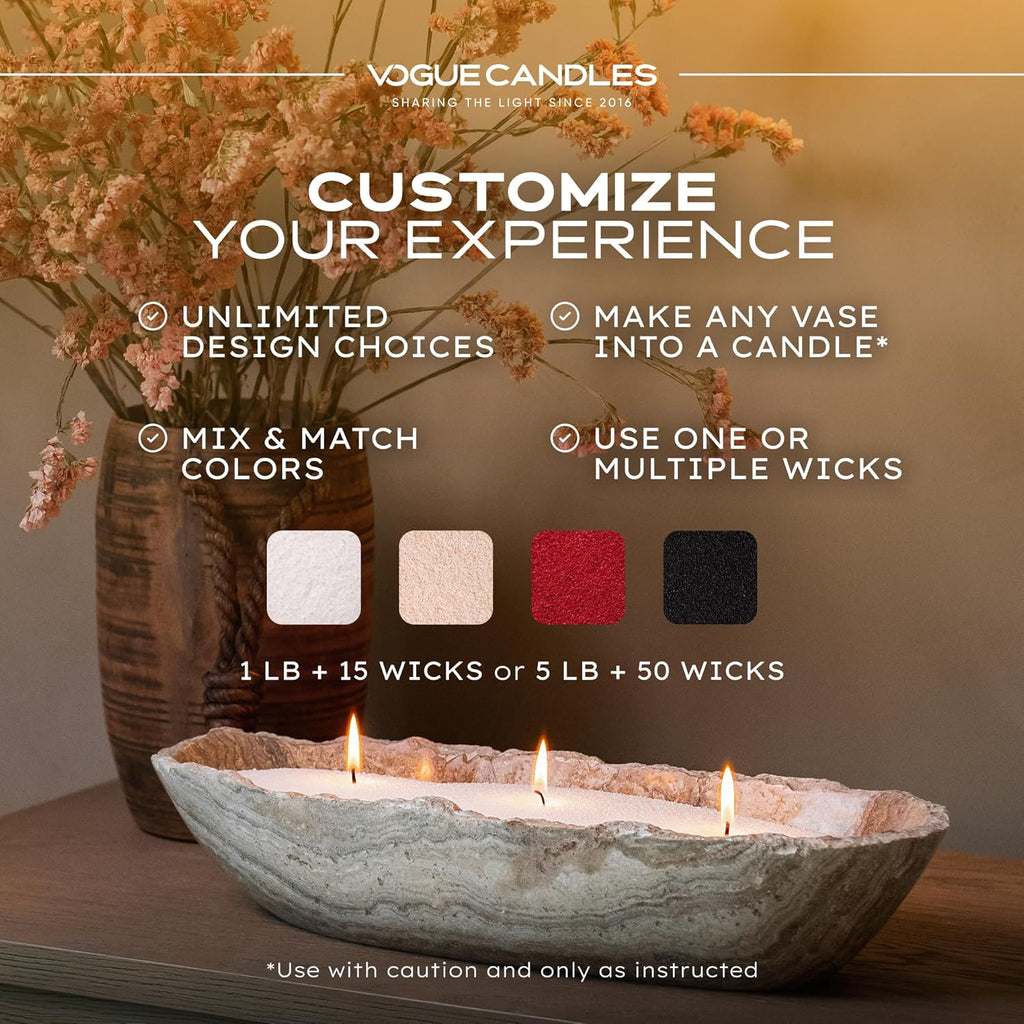 Vogue Candles Granulated Wax Refill - 1lb Plant-Based Granules Pack With 10 Clean Burning Wicks - Long-Lasting Luxury Sand Wax for DIY Candle Making