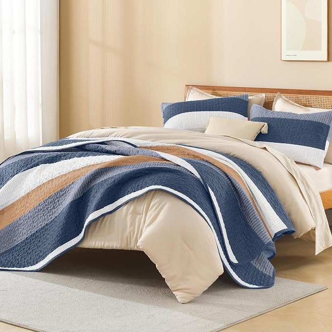 Litanika California King Quilt Set BlueO, Stripe Patchwork Summer Bedspread - Image 4