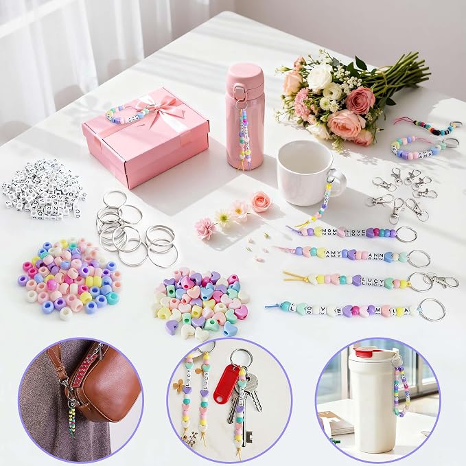 BIGCOMER 568Pcs DIY Bead Keychain Making Kit – Alphabet Letter Beads & Key - Image 6