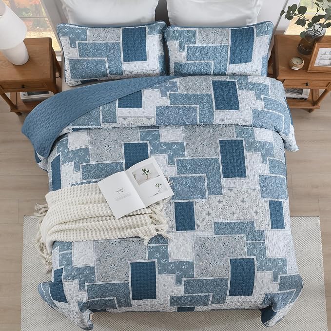 Xruibed Blue Boho Quilt Set King Size, 3 Pieces Plaid Floral Bedspread Coverlet - Image 4