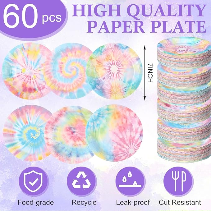 Funnymoom 60 Pcs 7 Inch Pastel Tie Dye Birthday Party Plates Vibrant Paper - Image 2