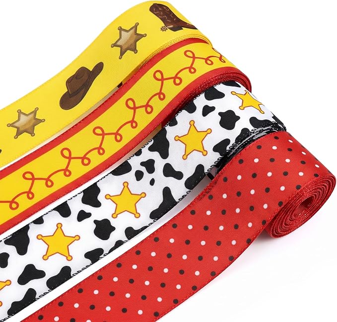 4 Rolls Cartoon Western Wired Edge Ribbon, 2.56 Inch Cow Print Sheriff Star by Unknown