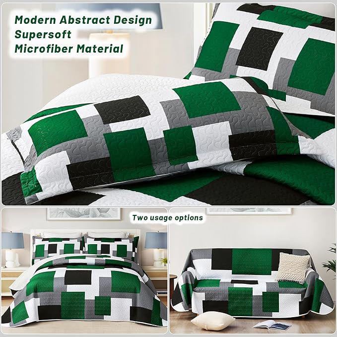 Tyrot 2 Piece Green Quilt Set Twin Size Black Grey White Geometric Reversible - Image 3