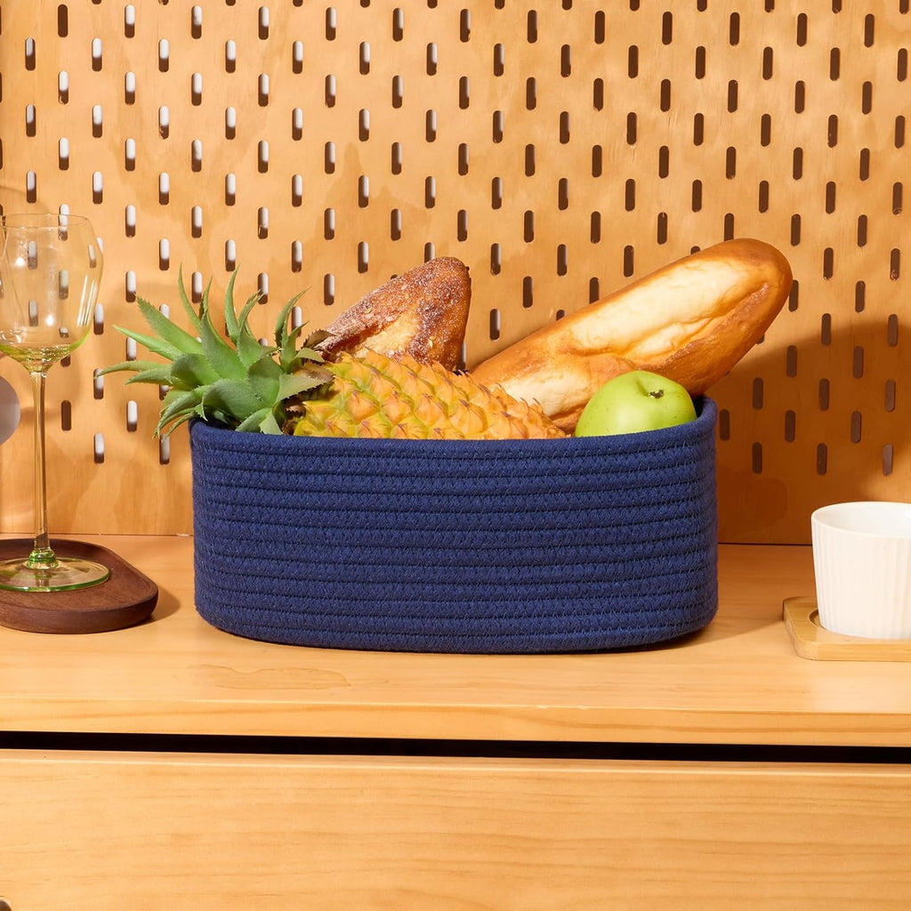 Small Storage Baskets for Organizing | Closet Organizer Bins | Shelf Toy Basket | Woven Rope Baskets | Cube Decorative Box | Shallow Basket | 11.5x7.5x4.7” | 3 Packs Navy Blue