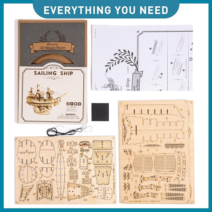 RoWood 3D Wooden Puzzle for Adults, Vintage Wooden Watercraft Model Sailboat - Image 6