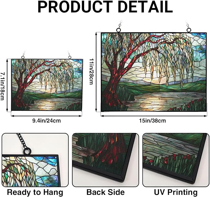 Art Nouveau Willow Pond Tree Stained Glass Window Hanging, Colorful Sun - Image 3
