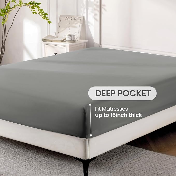 ROSE&RISY Light Grey King Sheet Set, 4 Pieces Soft Bedding Queen Sheet Set - Image 4