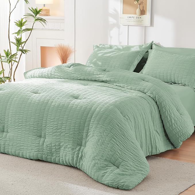 HYMOKEGE Sage Green Full Size Comforter Sets Seersucker 7 Pieces, All Season - Image 8