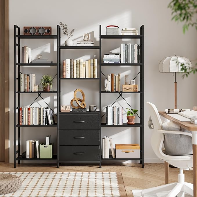 AFLUI Triple Bookshelf with 3 Fabric Drawers, 5-Tier Book Shelf and 10 Display - Image 9