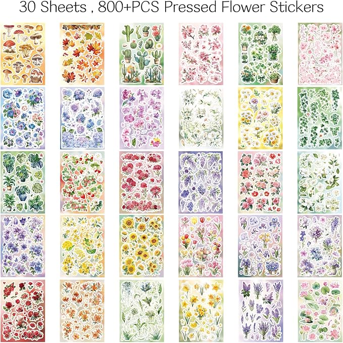 800+ PCS Floral Sticker Book for Journaling Supplies, Leaf Flower Watercolor - Image 3