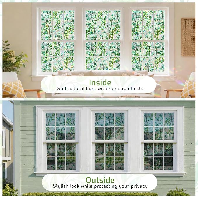LUTE Stained Glass Window Privacy Film, Leaf Rainbow, 35.4" X 157.4" | No Glue - Image 9