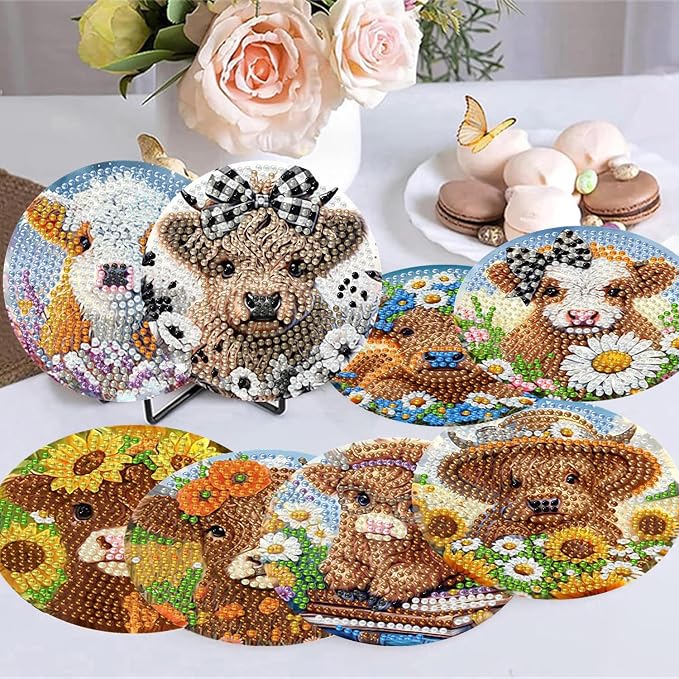 8 Pack Diamond Art Coasters, Highland Cow Diamond Painting Coasters Kits | Cow - Image 5