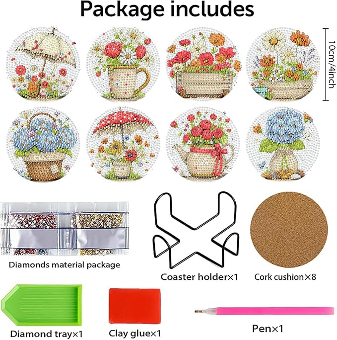 8 PCS Flowers Diamond Art Coasters Kits | Diamond Paintings Coasters - Image 3