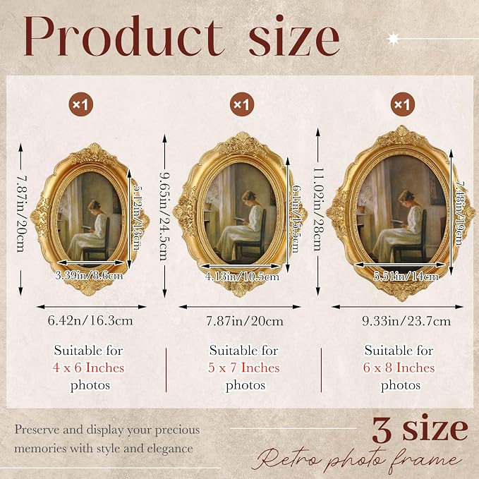 Wonderjune 3 Pcs Vintage Picture Frames Antique Set Baroque Ornate Gold Arched - Image 2