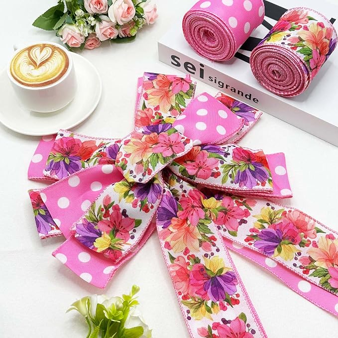 2 Rolls Spring Summer Pink Floral Wired Ribbon, 20 Yards White Dot and Colorful - Image 8