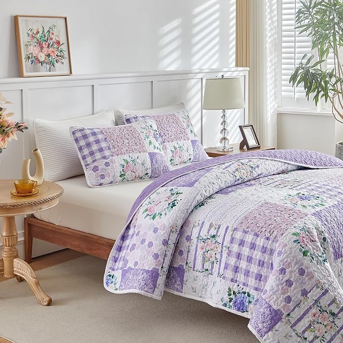 Joyreap 3 Pieces Floral Quilt Set Queen, Patchwork Purple n Pink Flowers Design - Image 6