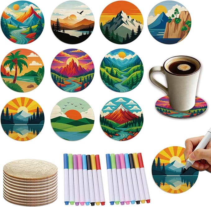 26PCS Wood Coasters Craft Kit 10 Paint You Own Coaster by TWINKLEMON