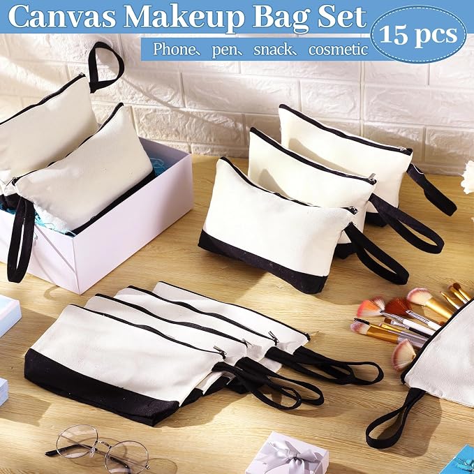 Silkfly 15 Pcs Cotton Canvas Makeup Bags Cosmetic Zipper Bags 10.2 x 5.5 x 2'' - Image 5