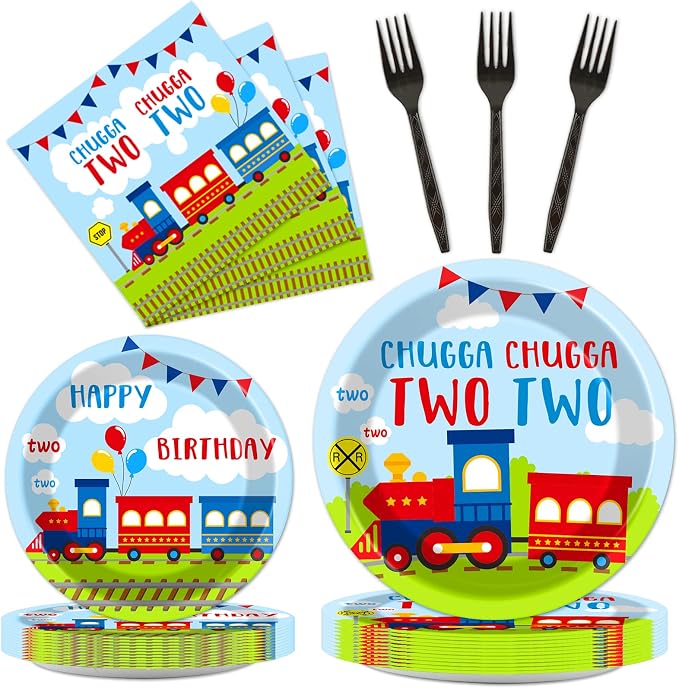 100 PCS Chugga Chugga Two Two Party Supplies Set Train Plates and Napkins 2nd by Qyeahkj