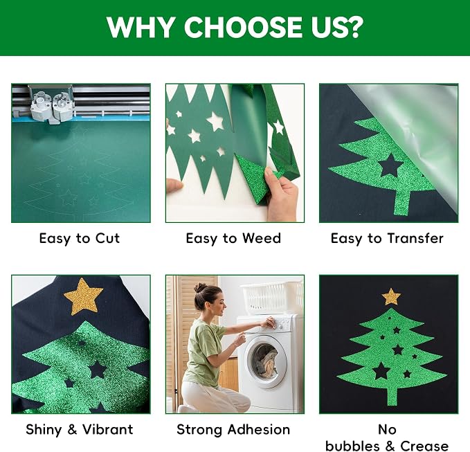Aoder Green Glitter HTV Heat Transfer Vinyl: 12" x 10FT Green Glitter HTV Iron - Image 5