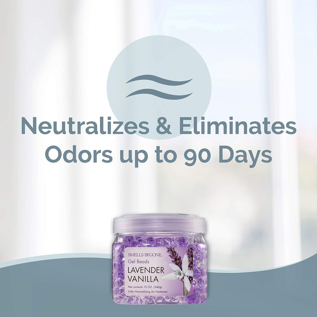 SMELLS BEGONE Odor Eliminator Gel Beads - Air Freshener - Eliminates Odor in Bathrooms, Cars, Boats, RVs & Pet Areas - Made with Essential Oils - Lavender Vanilla Scent - 12 Ounce