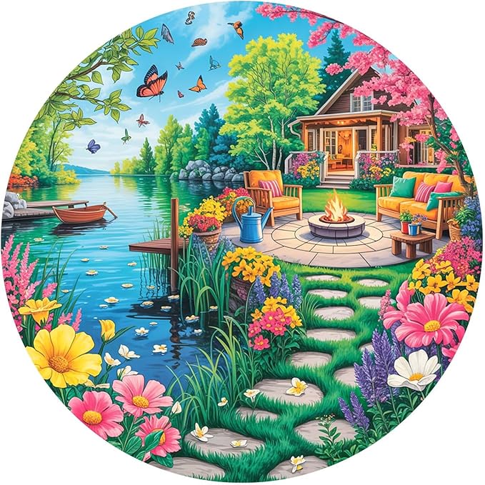 Spring Garden Adult Puzzles Lakeside Cottage Cozy Cabin Lake Scene Butterfly by Jollitot