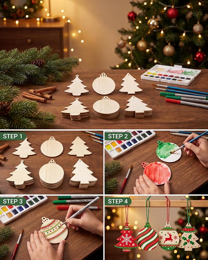 Blank Wooden Christmas Tree Ornaments, DIY Unfinished Wood Craft Decor | - Image 4