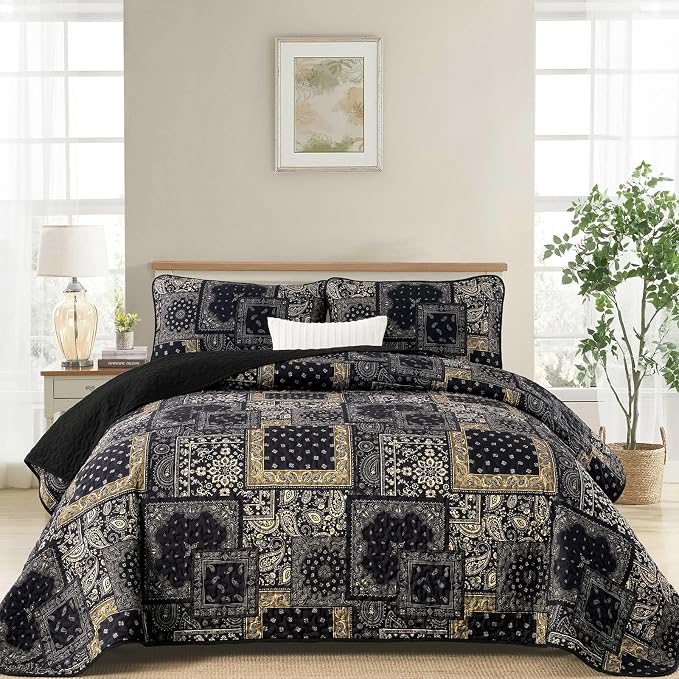 Cottolester Boho Patchwork Quilt Set Queen Size, Paisley Floral Bedding Set by Cottolester