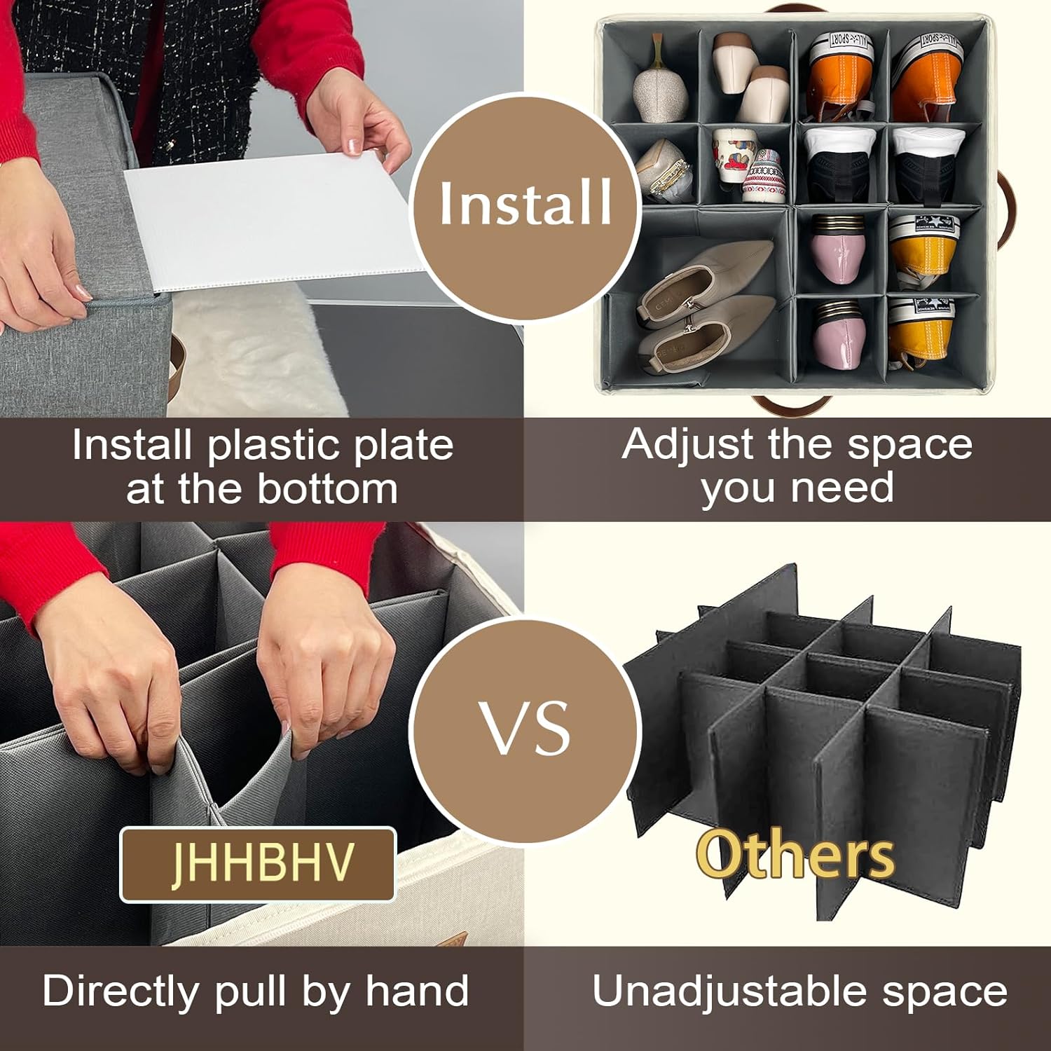 1 Pack Shoe Organizer for Closet, Adjustable Shoe Box Storage Containers, Large Foldable Shoe Bins with Clear Cover, Space Saving Shoes Holder with 4 Handles, Fits 8-16 Pairs, Beige