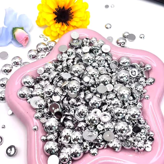 Sqqzuie1500PCS 3-14mm Shiny Silver Flatback Pearls, 150g Half-Round ABS Pearls - Image 3