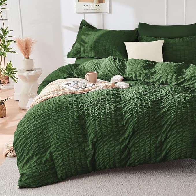 HYMOKEGE Dark Green Duvet Cover Full Size, Ultra Soft 3-Piece Seersucker Duvet by HYMOKEGE