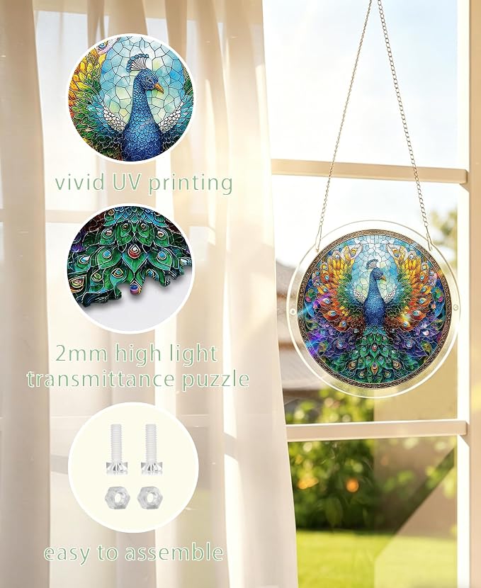 Acrylic Puzzle Suncatcher, Peacock Rainbow Feathers Sun Catcher - Image 7