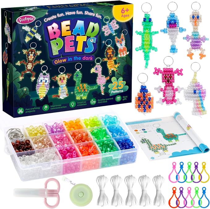 Pony Beads Kit for Keychain Making, Glow in the Dark Bead Pets for Kids by Funtopia