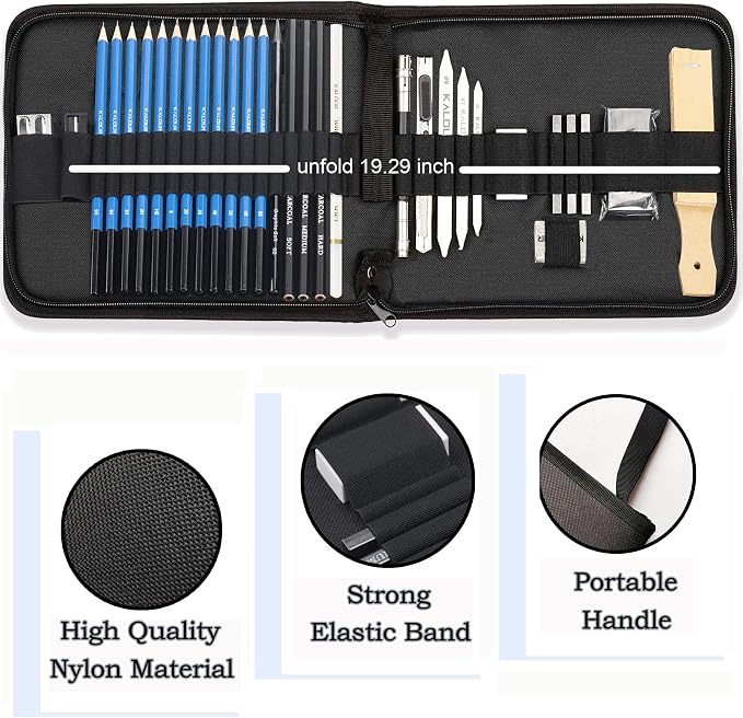KALOUR 33 Pro Drawing Kit Sketching Pencils Set, Portable Zippered Travel - Image 6